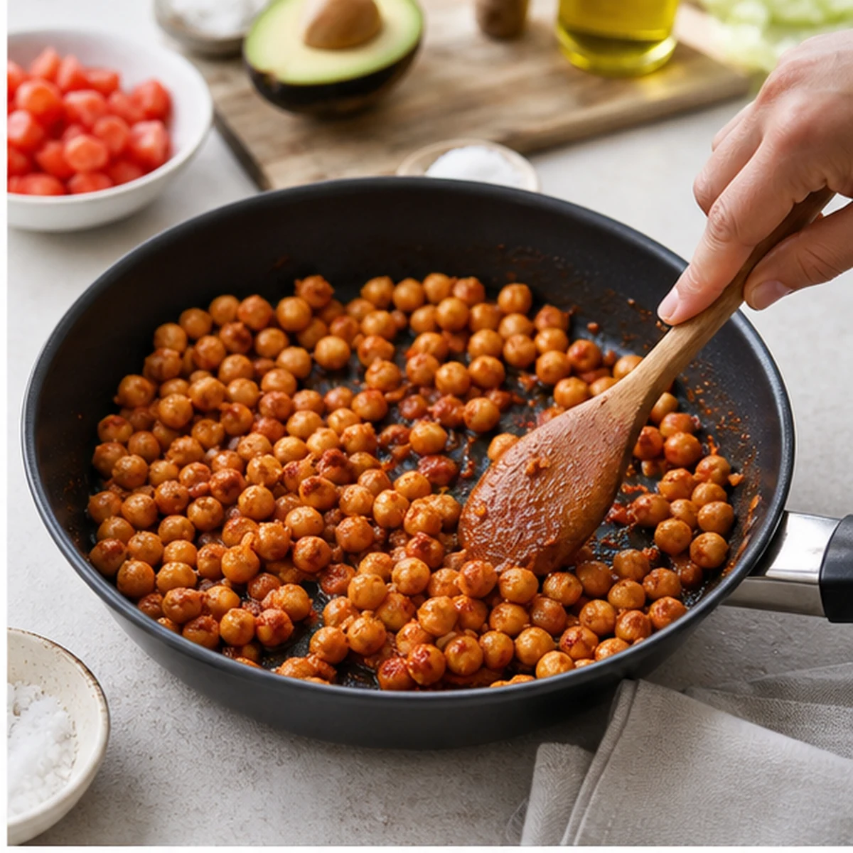 Cook the chickpeas for Cabbage Taco Wraps, showing the ingredients and preparation at this stage