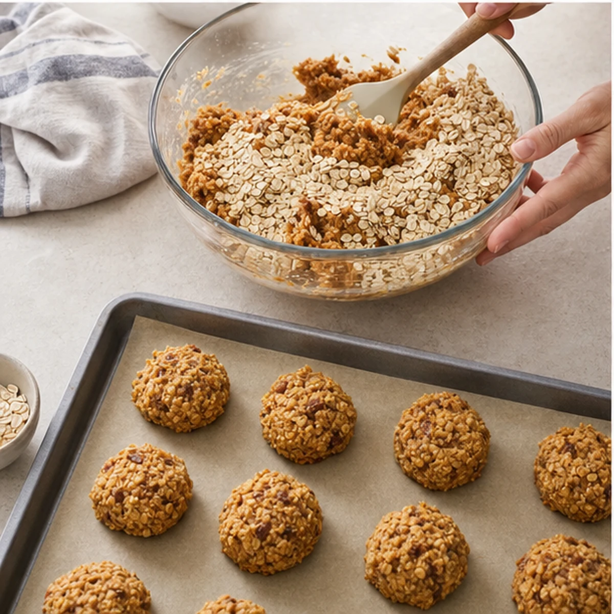 Add oats for Chickpea Oat Breakfast Cookies, showing the ingredients and preparation at this stage