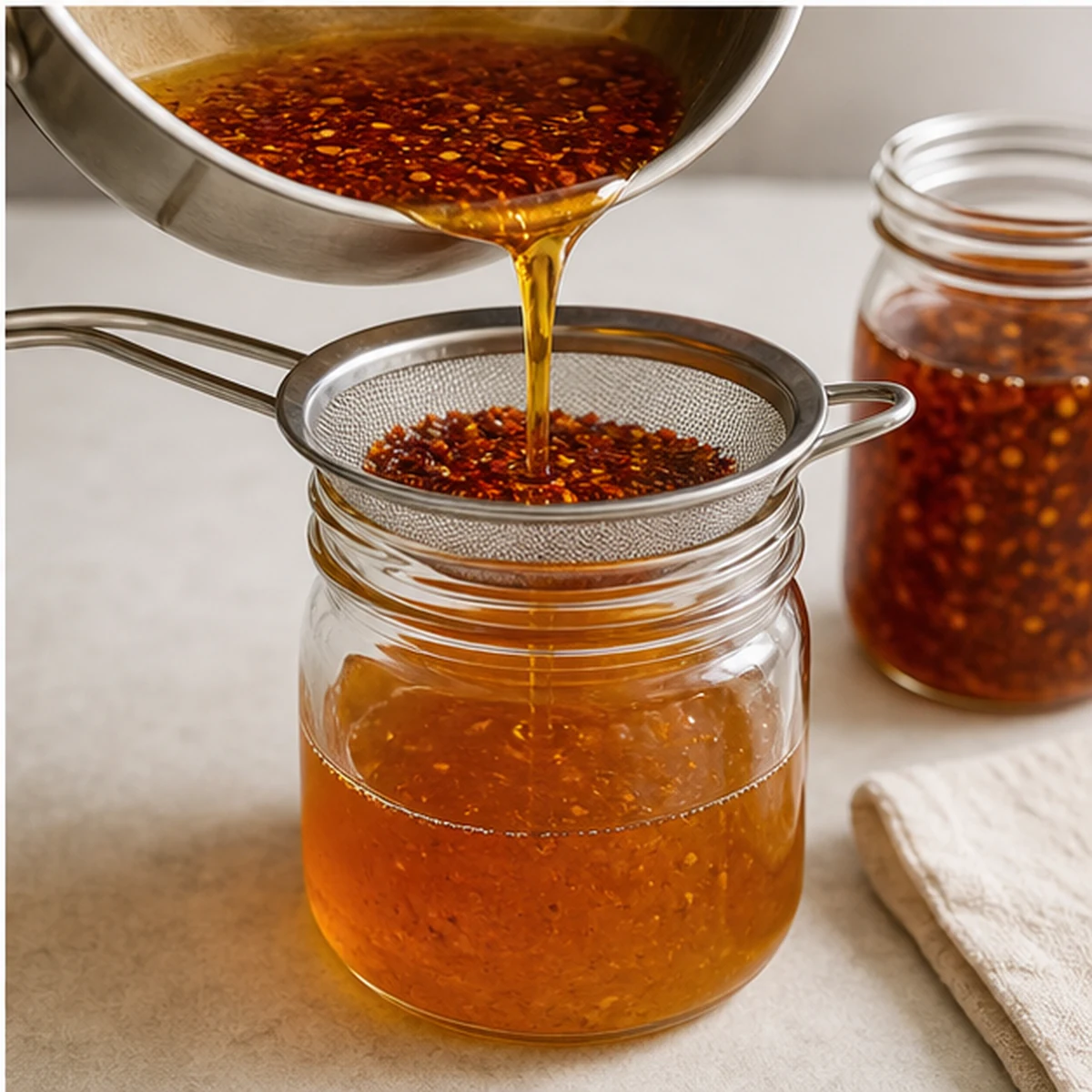 Strain or jar for Classic Hot Honey, showing the ingredients and preparation at this stage