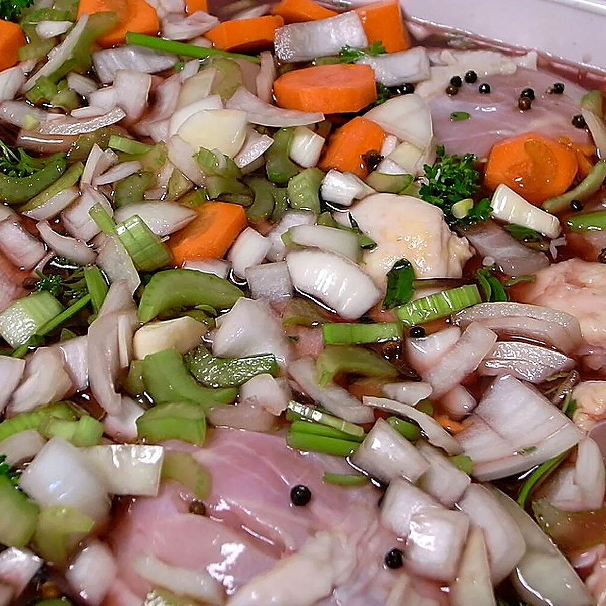 Step 1 for Coq Au Vin, showing the ingredients and preparation at this stage