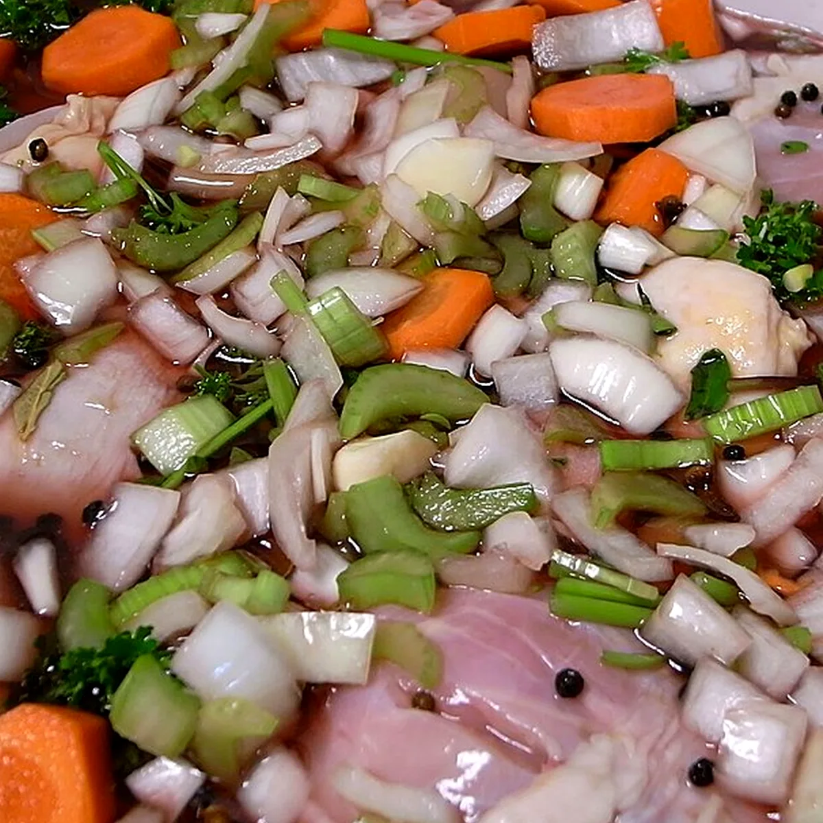Step 2 for Coq Au Vin, showing the ingredients and preparation at this stage