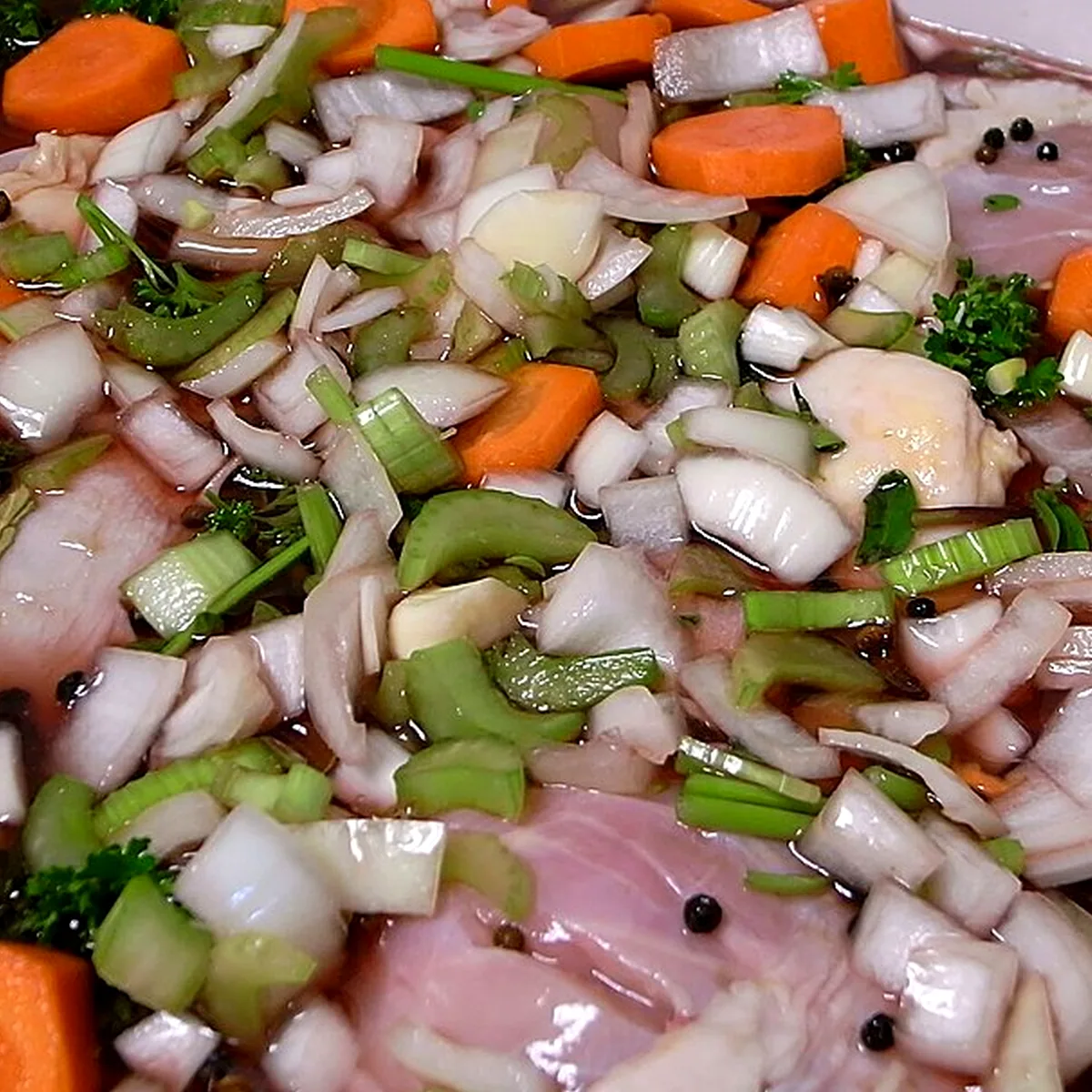 Step 6 for Coq Au Vin, showing the ingredients and preparation at this stage