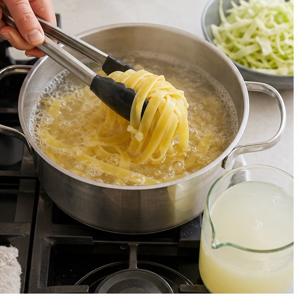 Cook the pasta for Creamy Cabbage Alfredo, showing the ingredients and preparation at this stage