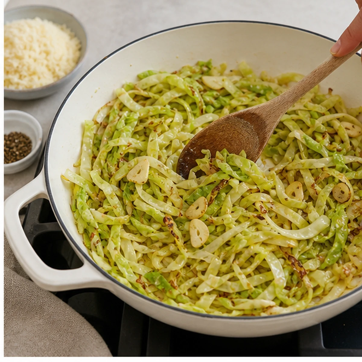 Cook the cabbage for Creamy Cabbage Alfredo, showing the ingredients and preparation at this stage