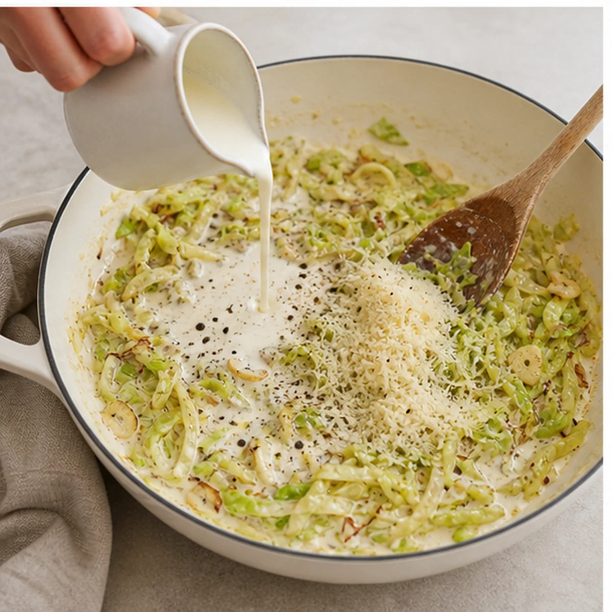Make the sauce for Creamy Cabbage Alfredo, showing the ingredients and preparation at this stage