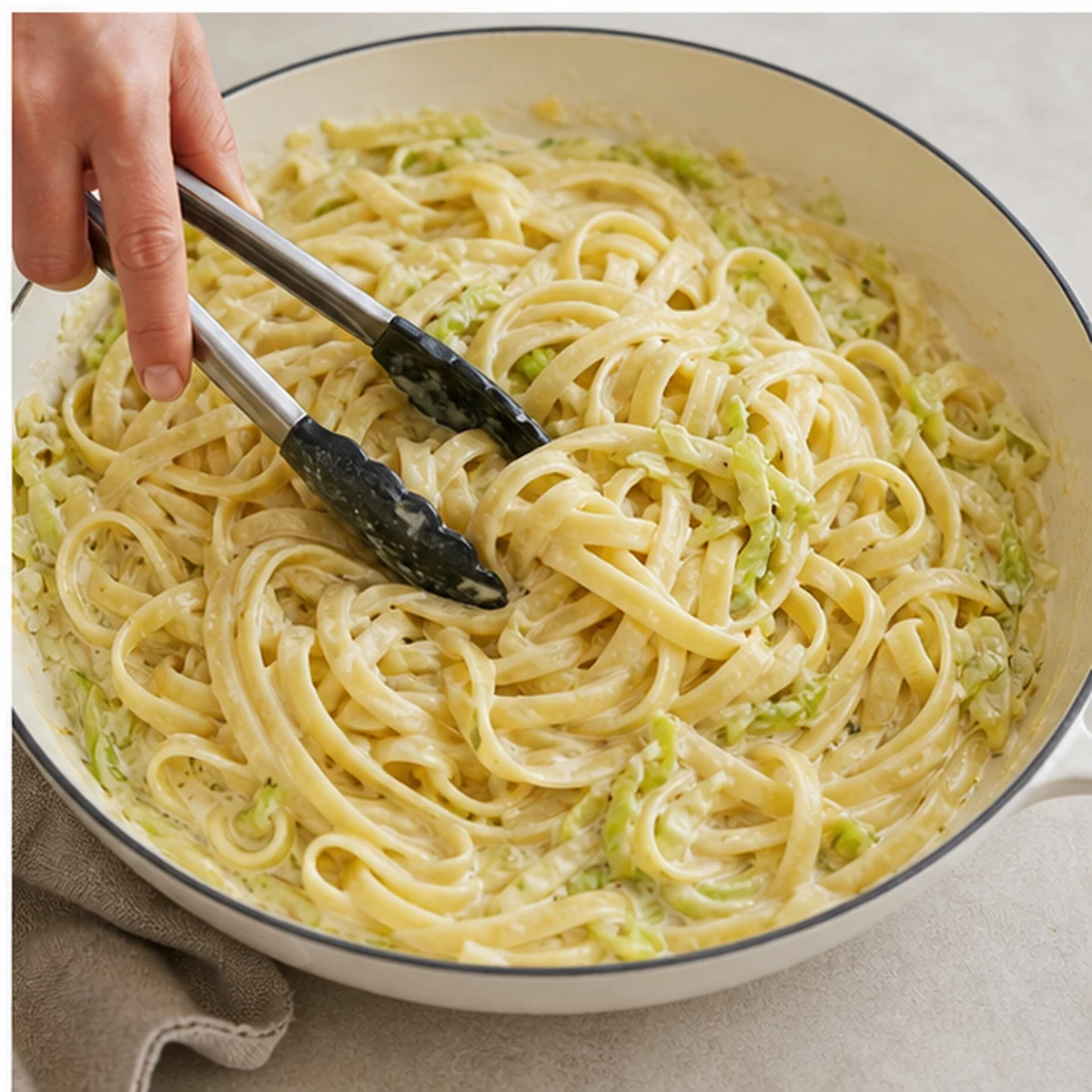 Combine for Creamy Cabbage Alfredo, showing the ingredients and preparation at this stage