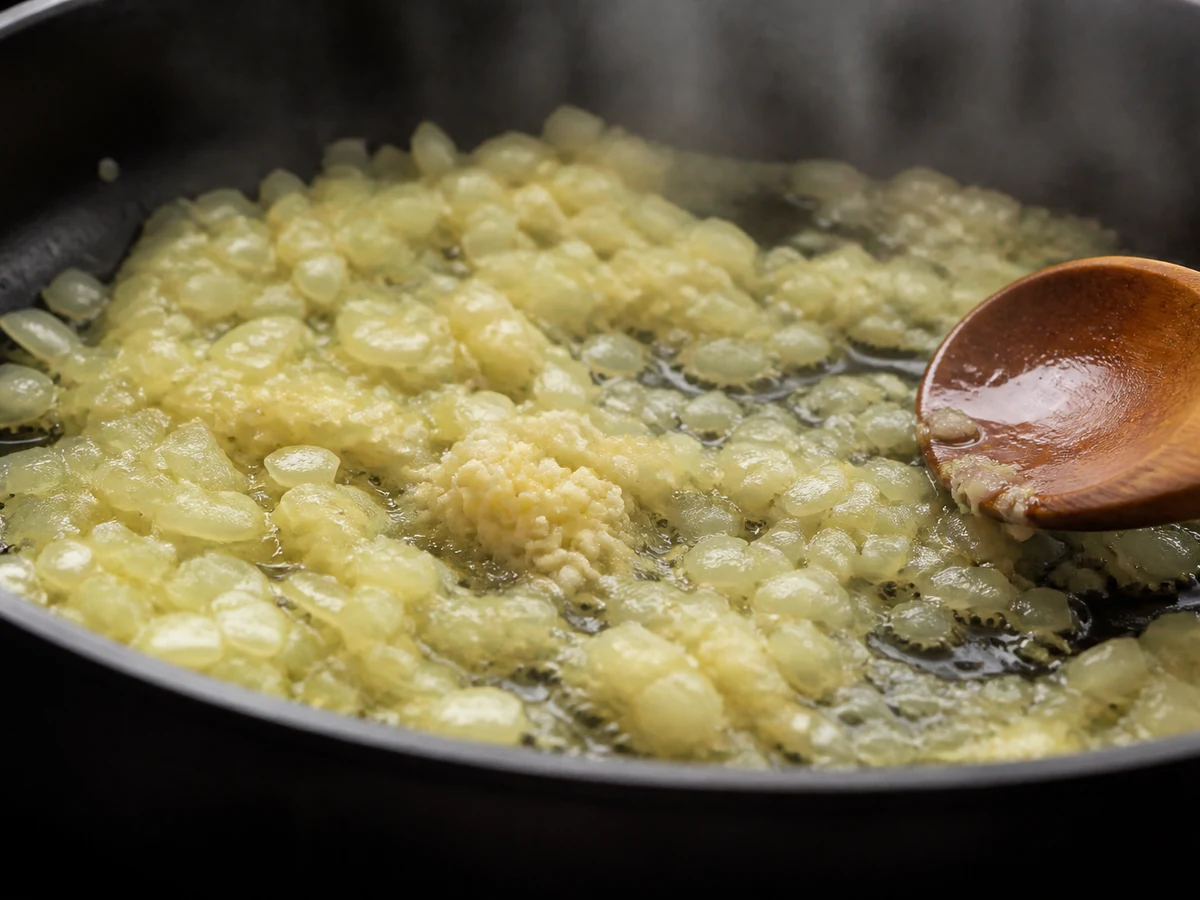 Onion and garlic softening in olive oil in a wide skillet