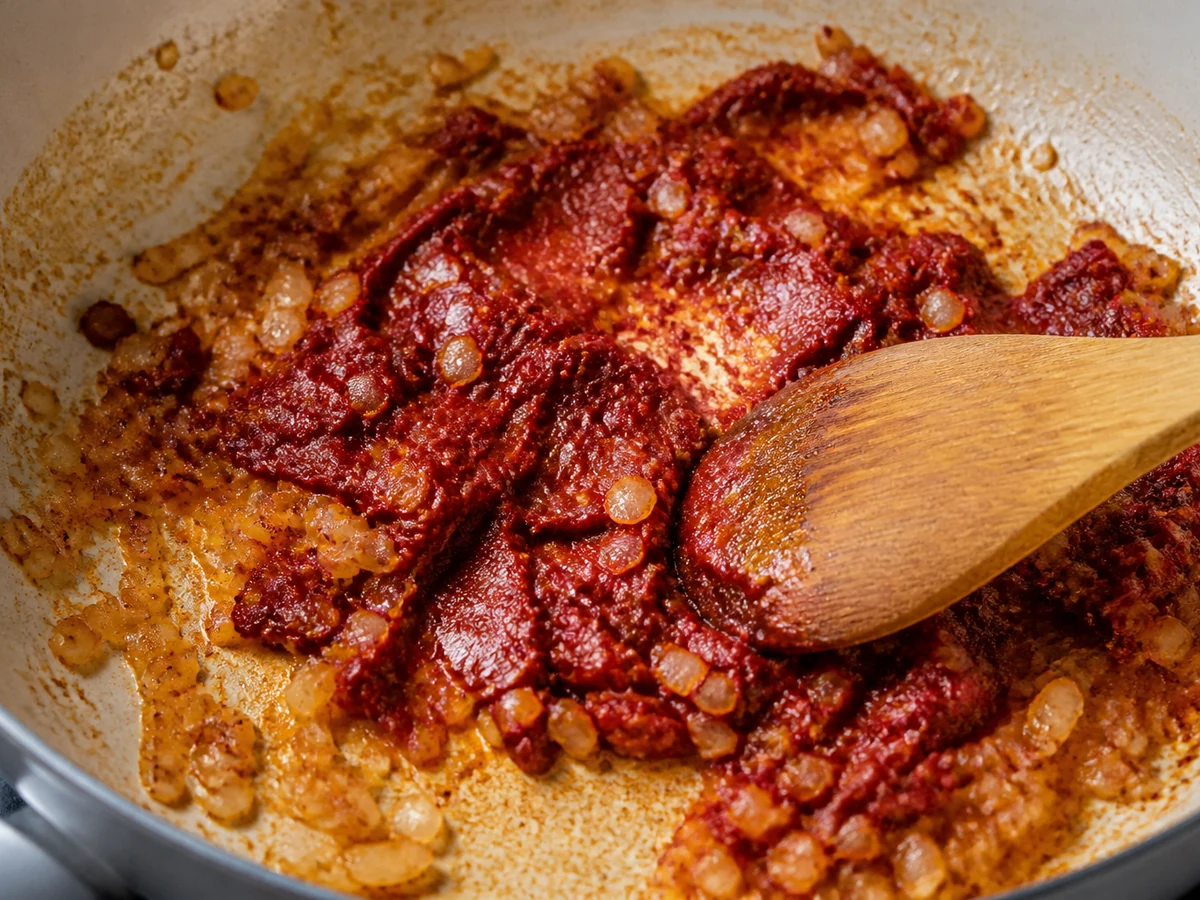Tomato paste and cumin darkening with paprika in the pan