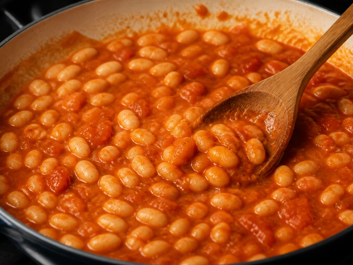 White beans simmering in a red tomato sauce