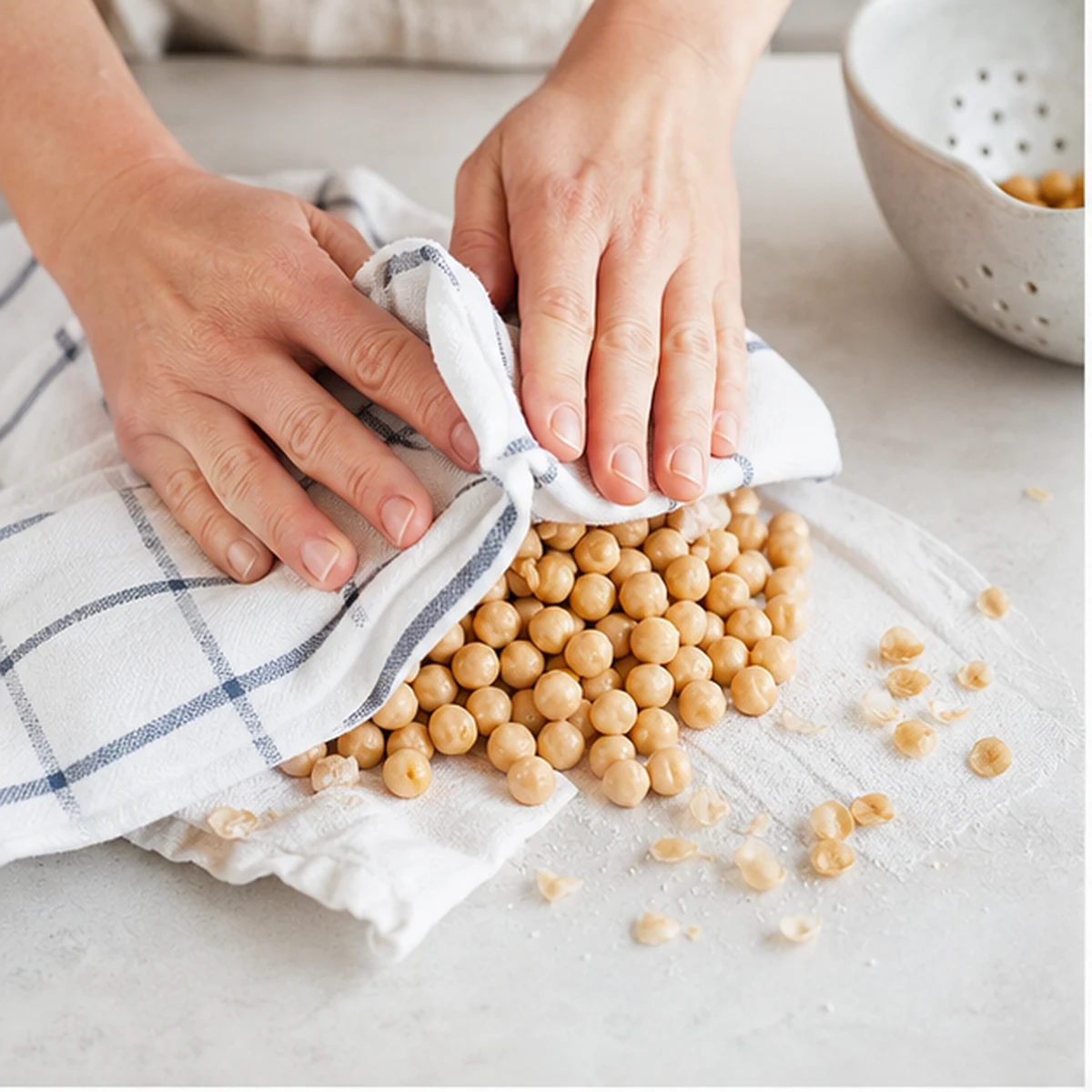Dry the chickpeas for Crispy Harissa Chickpeas, showing the ingredients and preparation at this stage