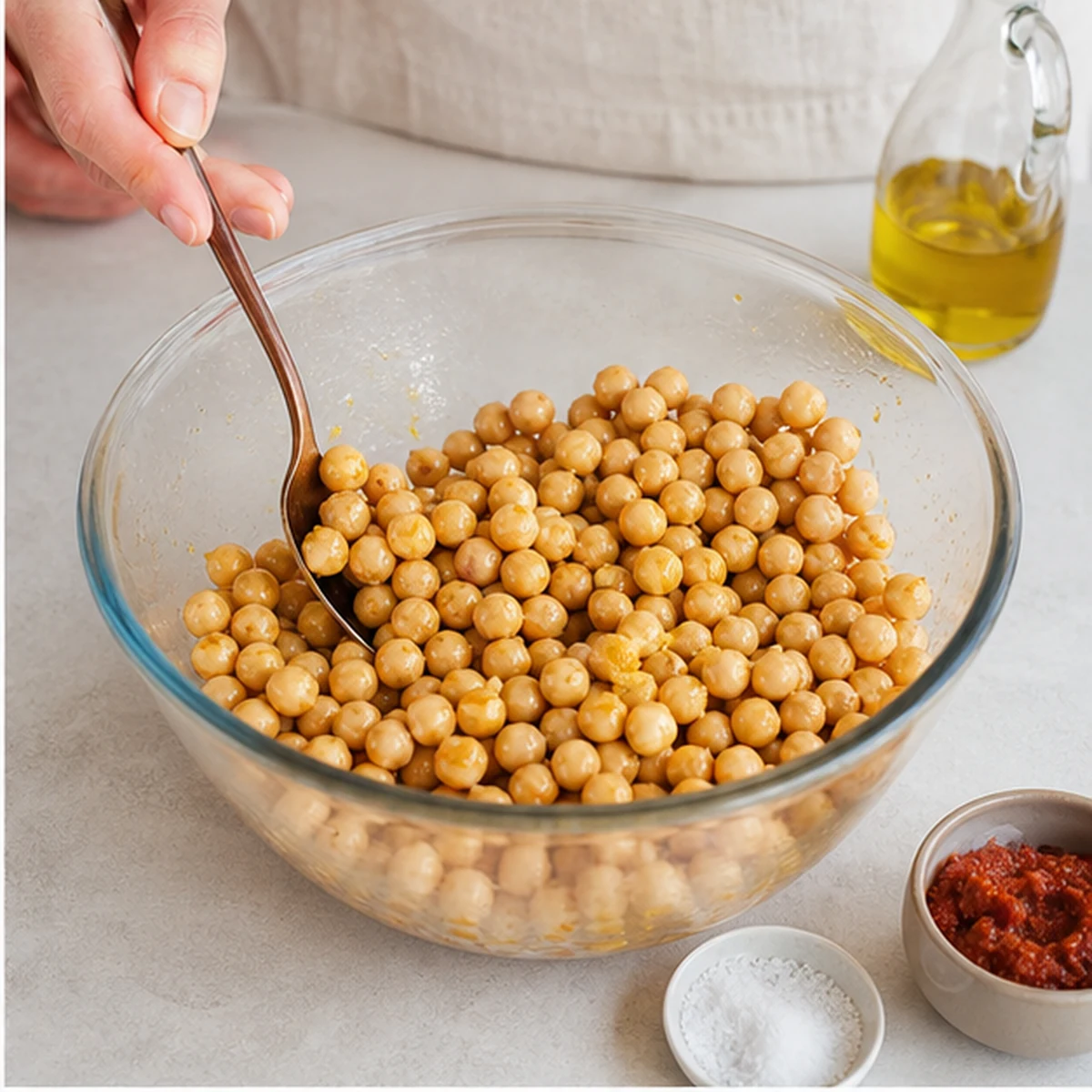 Season for Crispy Harissa Chickpeas, showing the ingredients and preparation at this stage