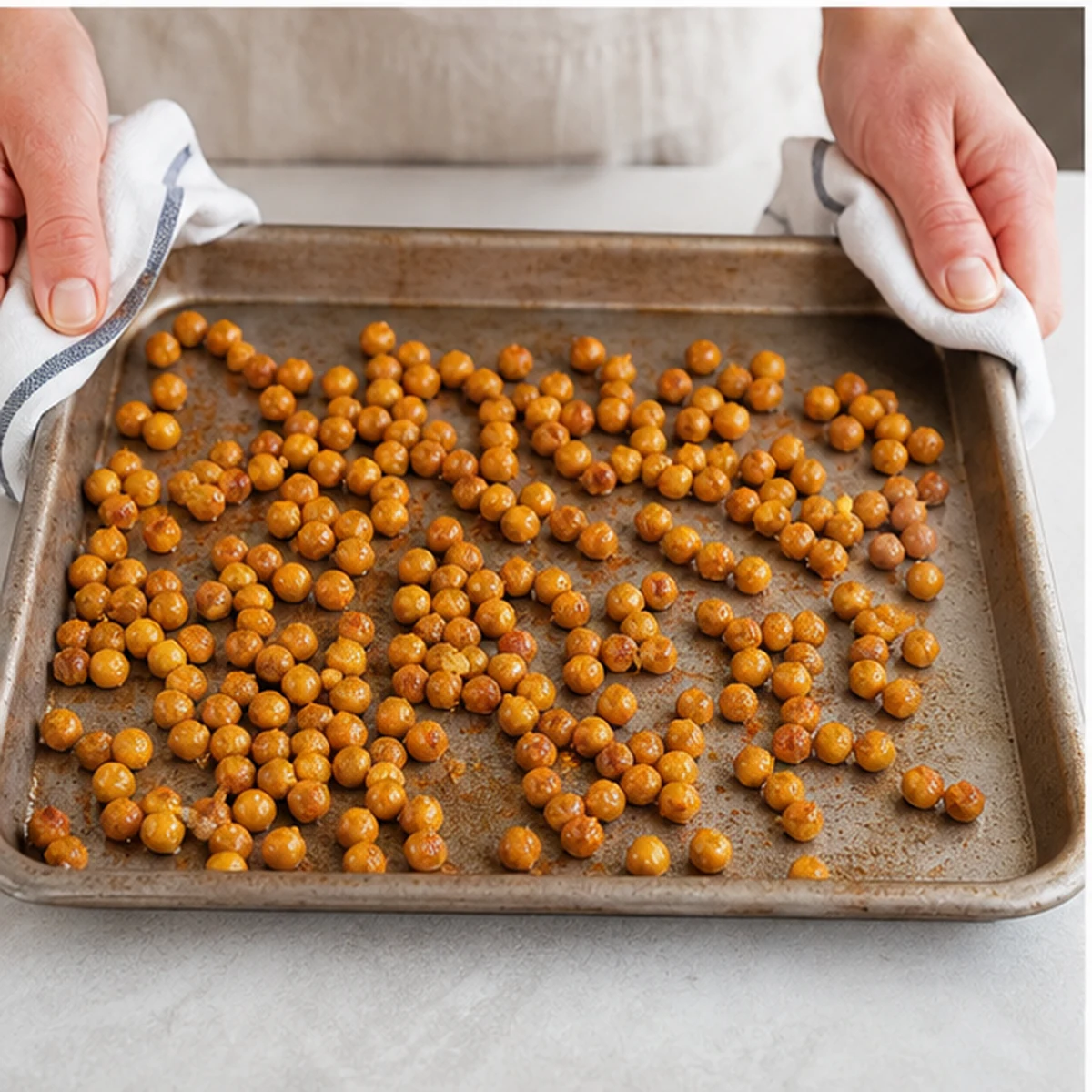 Roast for Crispy Harissa Chickpeas, showing the ingredients and preparation at this stage