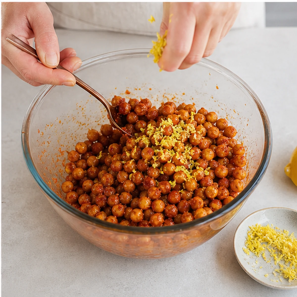 Glaze for Crispy Harissa Chickpeas, showing the ingredients and preparation at this stage