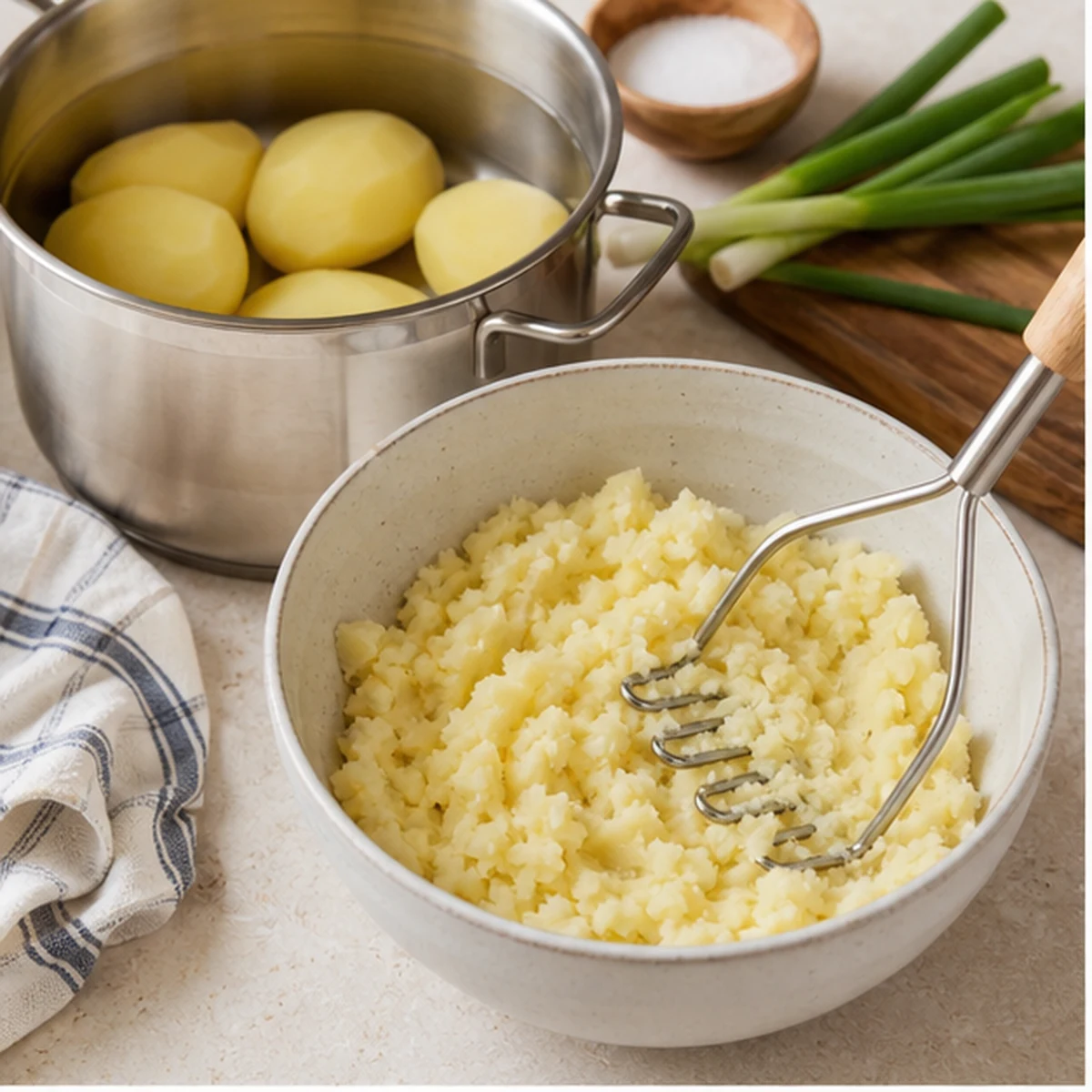 Cook the potatoes for Sardine Potato Cakes, showing the ingredients and preparation at this stage