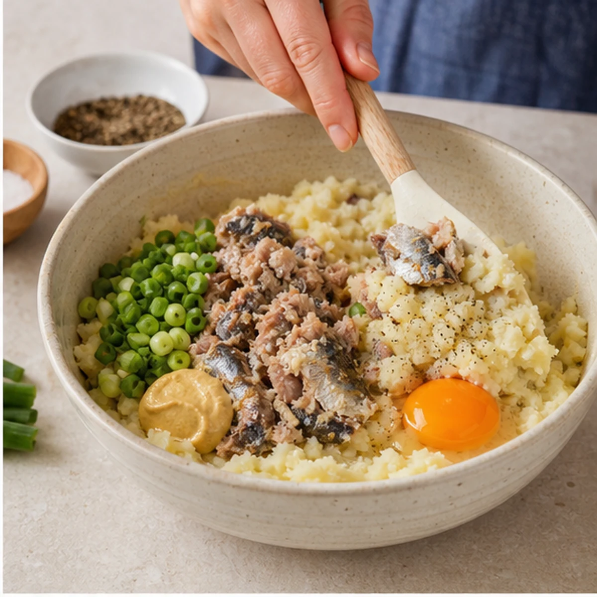 Mix for Sardine Potato Cakes, showing the ingredients and preparation at this stage
