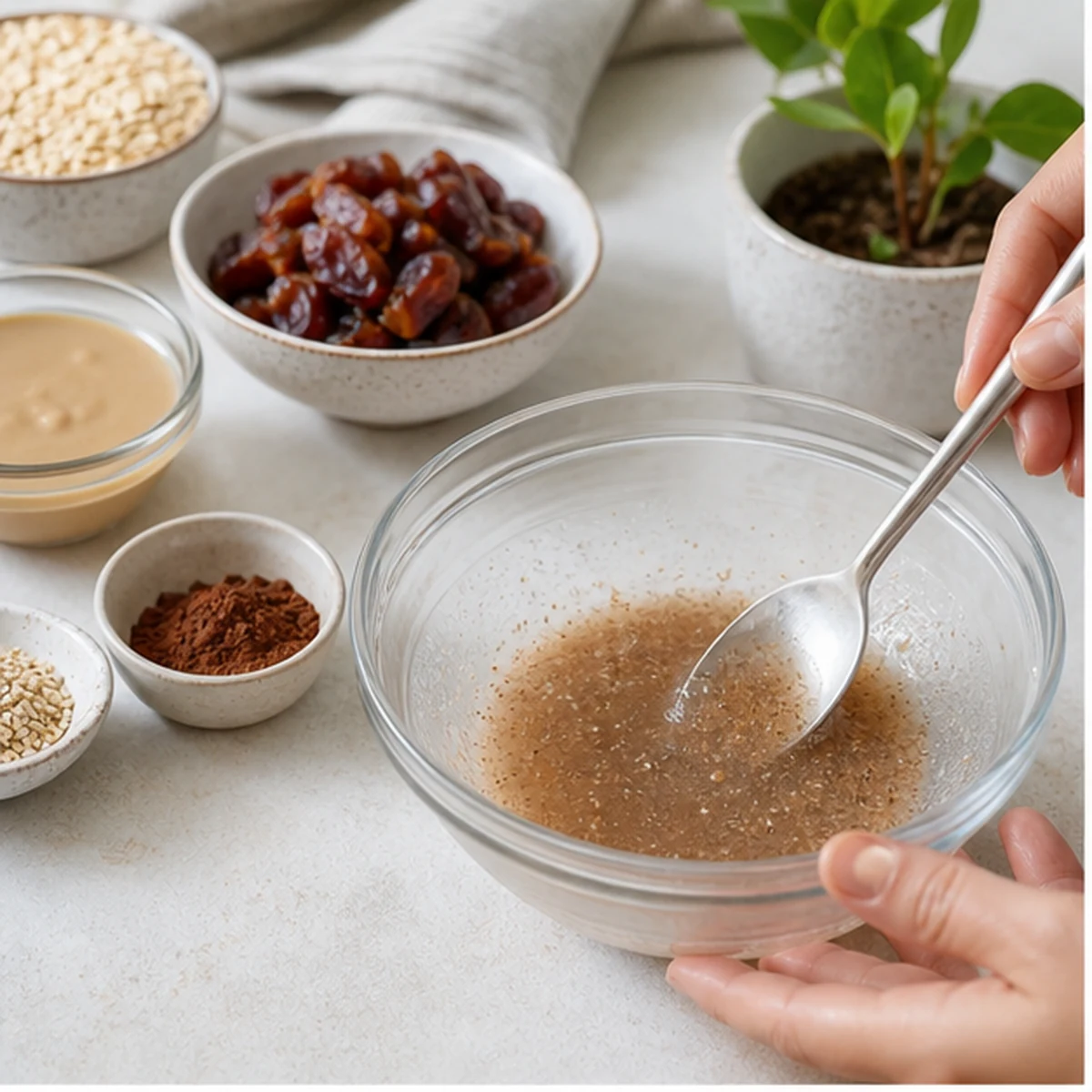 Hydrate the psyllium for Date-Oat Pantry Bites, showing the ingredients and preparation at this stage