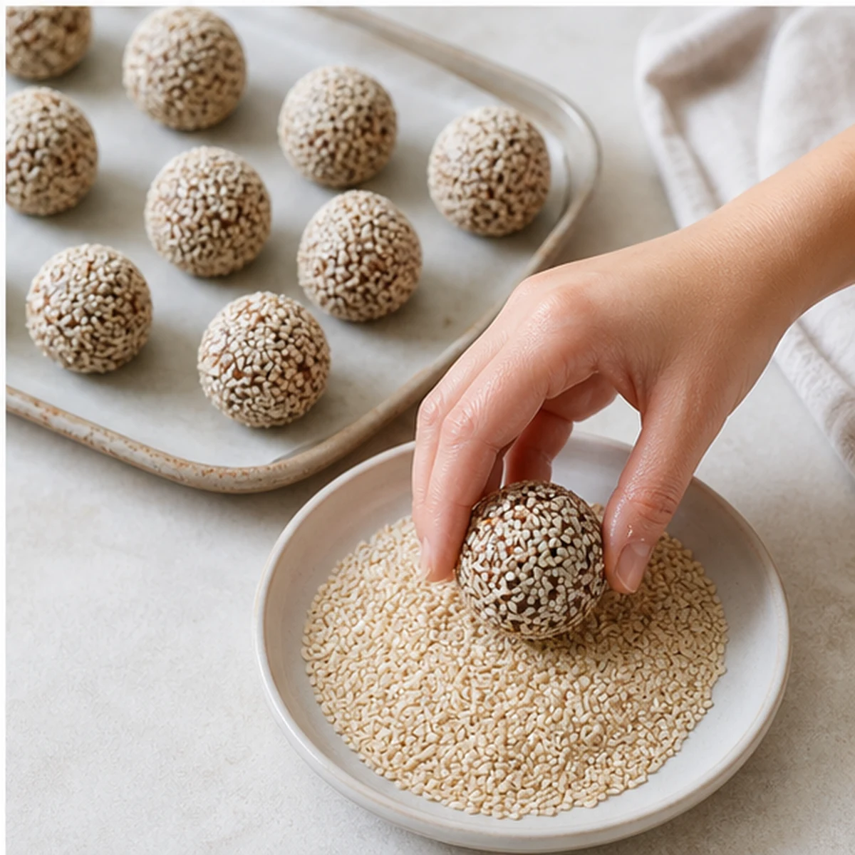 Coat and chill for Date-Oat Pantry Bites, showing the ingredients and preparation at this stage