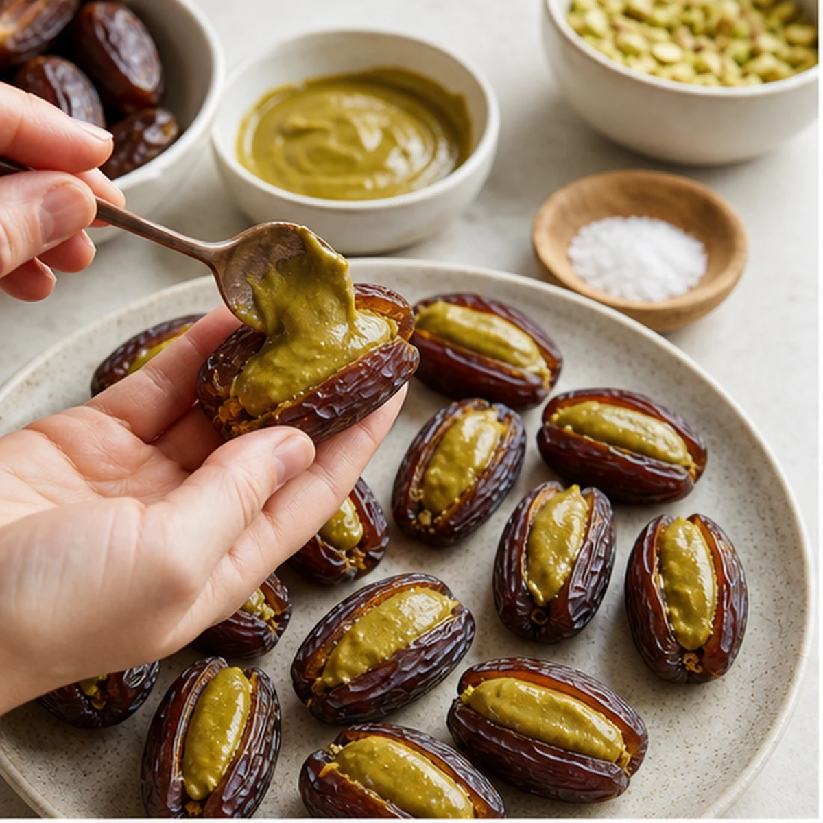 Fill the dates for Date Pistachio Chocolate Bites, showing the ingredients and preparation at this stage