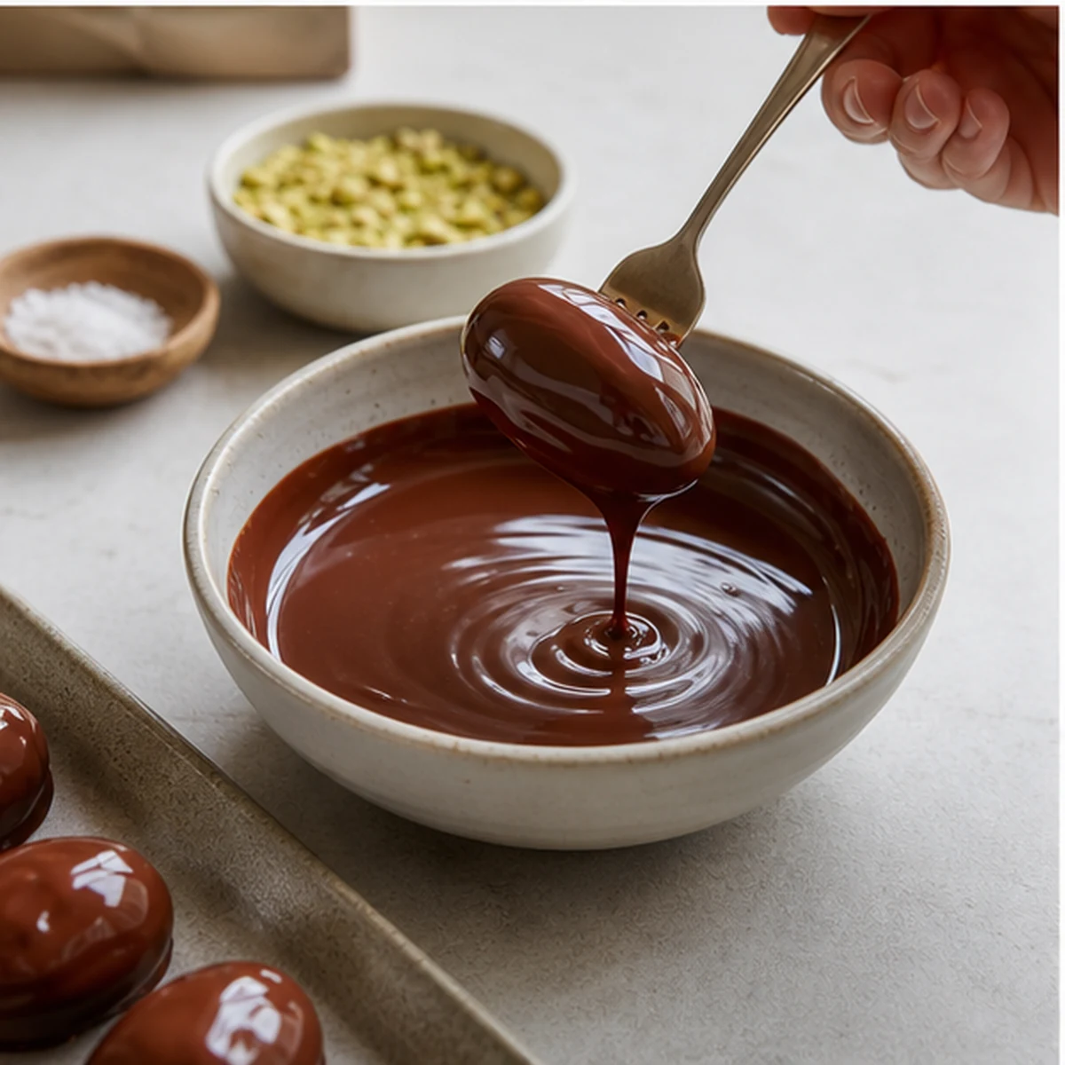 Dip for Date Pistachio Chocolate Bites, showing the ingredients and preparation at this stage