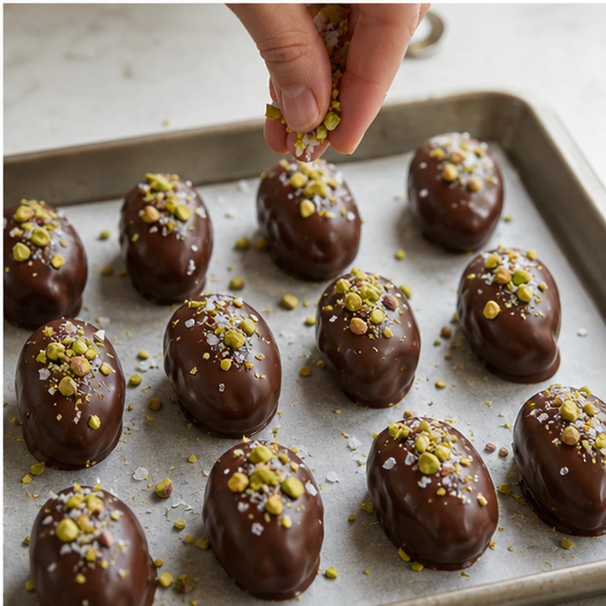 Finish for Date Pistachio Chocolate Bites, showing the ingredients and preparation at this stage