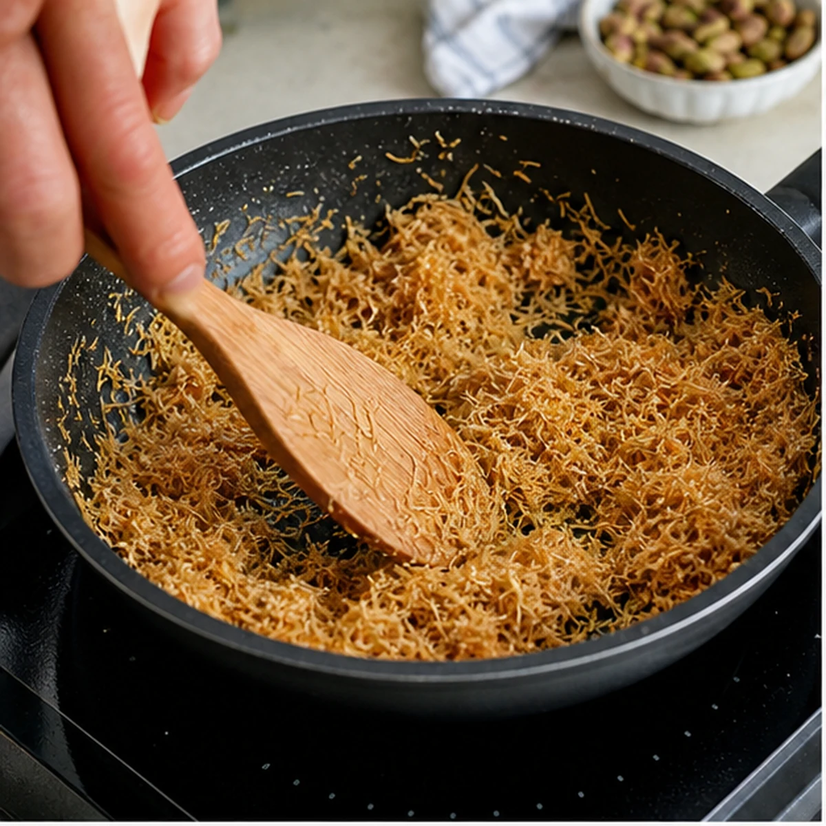 Toast the kataifi for Dubai Pistachio Chocolate Bar, showing the ingredients and preparation at this stage