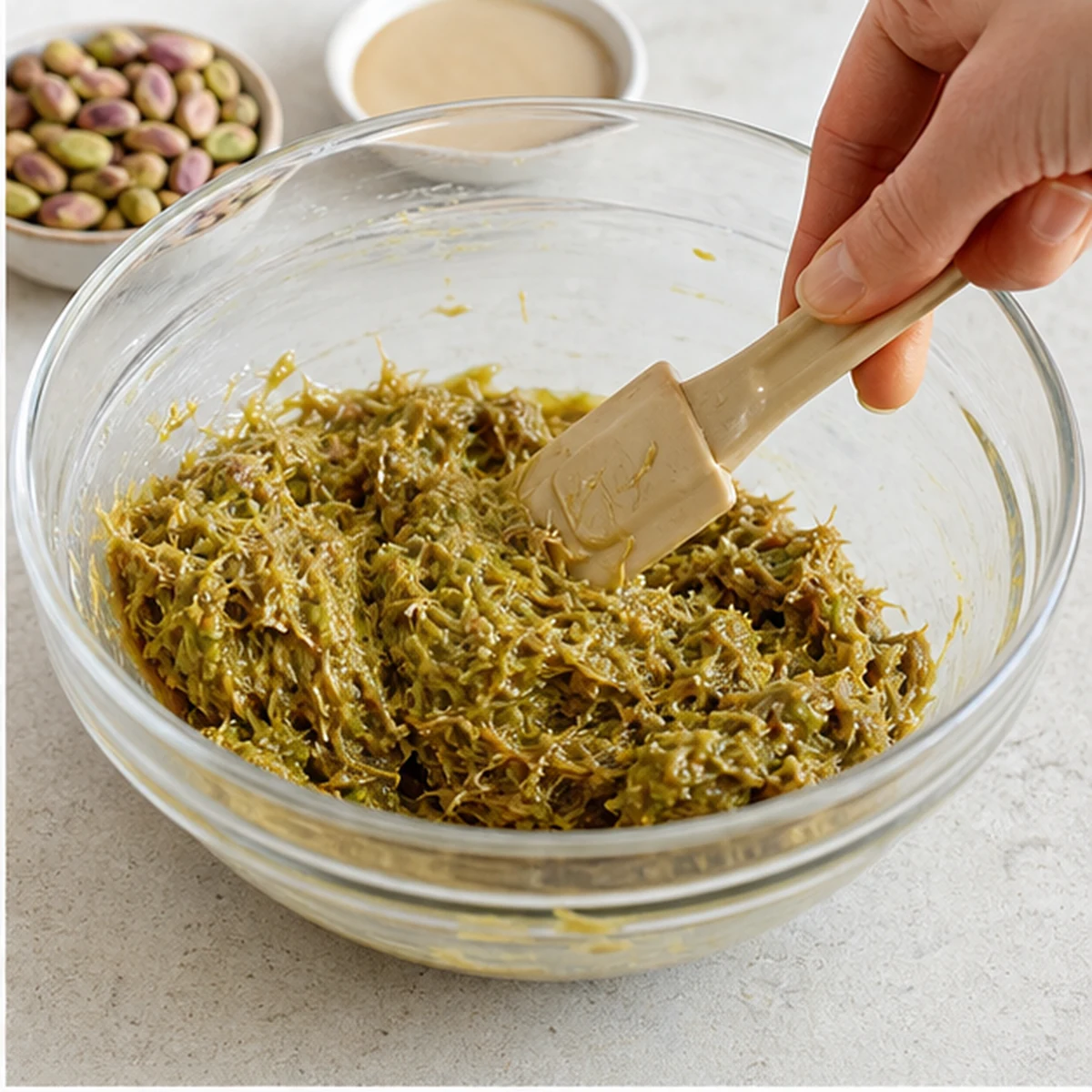 Make the filling for Dubai Pistachio Chocolate Bar, showing the ingredients and preparation at this stage