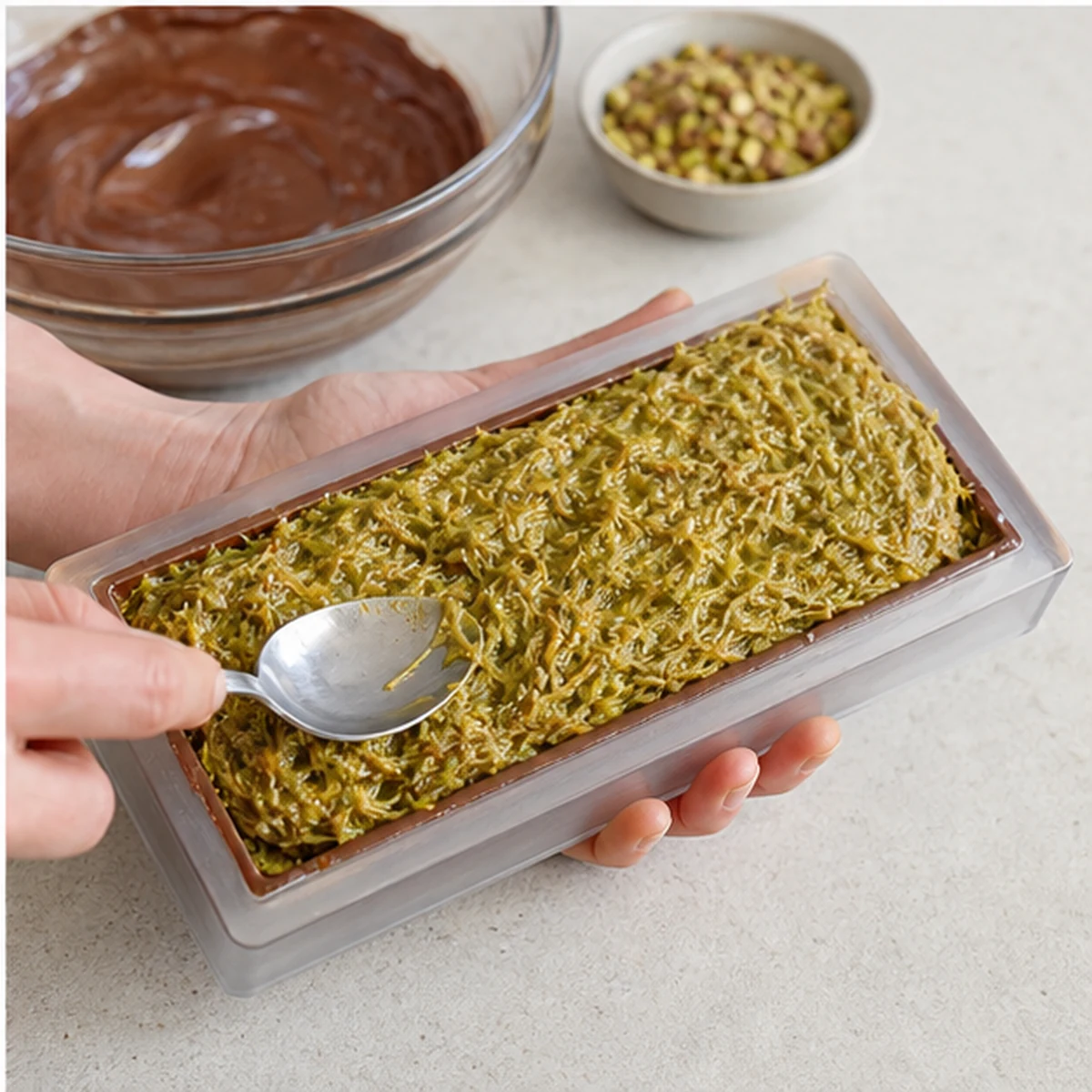 Fill and seal for Dubai Pistachio Chocolate Bar, showing the ingredients and preparation at this stage