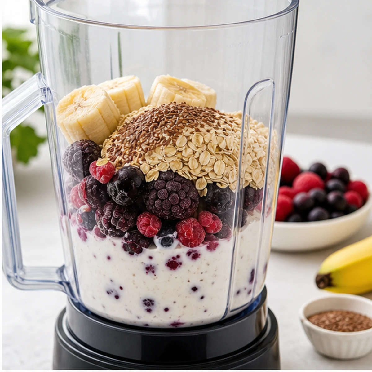 Blend for Fibermaxxing Berry Oat Smoothie, showing the ingredients and preparation at this stage