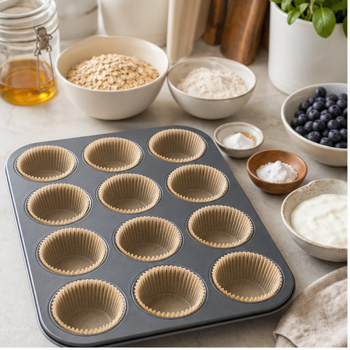 Prepare the pan for Fibermaxxing Blueberry Oat Muffins, showing the ingredients and preparation at this stage