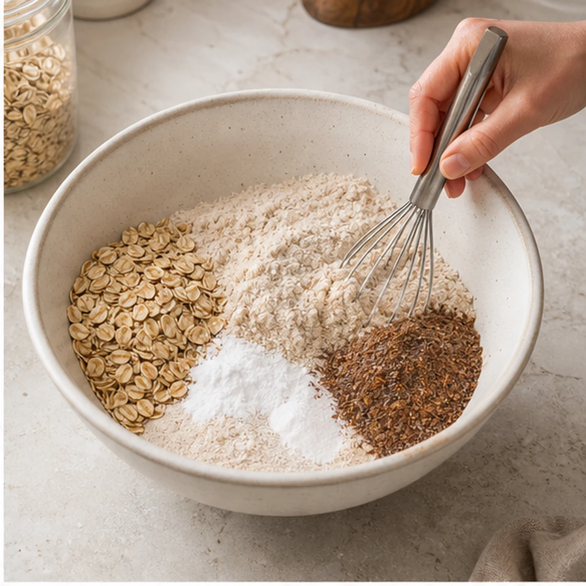 Mix the dry ingredients for Fibermaxxing Blueberry Oat Muffins, showing the ingredients and preparation at this stage