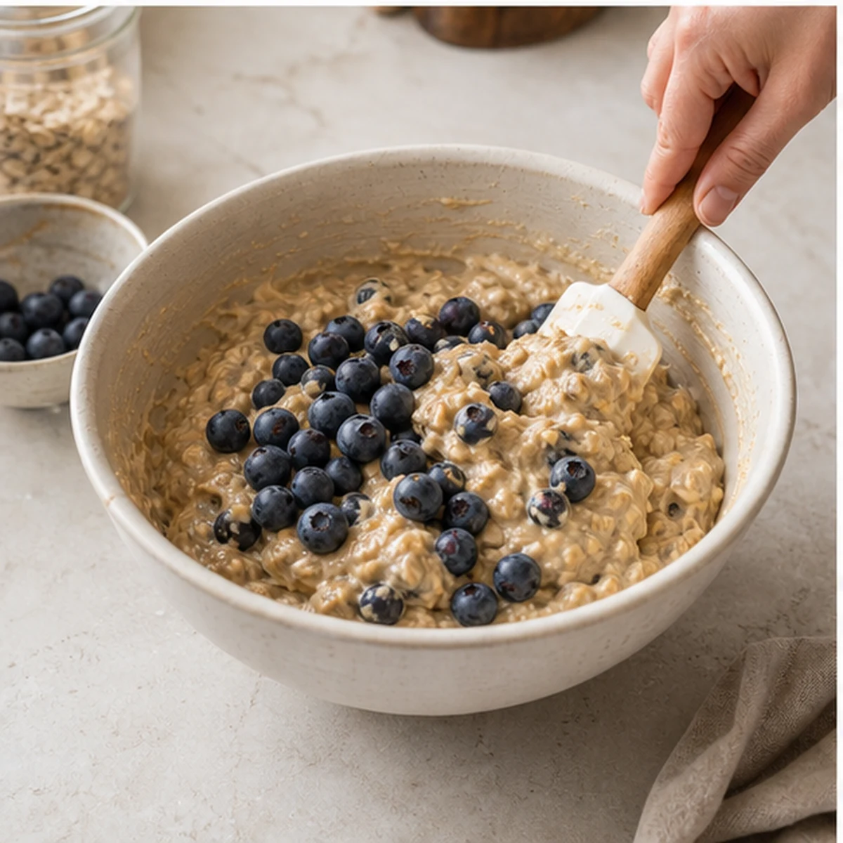 Make the batter for Fibermaxxing Blueberry Oat Muffins, showing the ingredients and preparation at this stage
