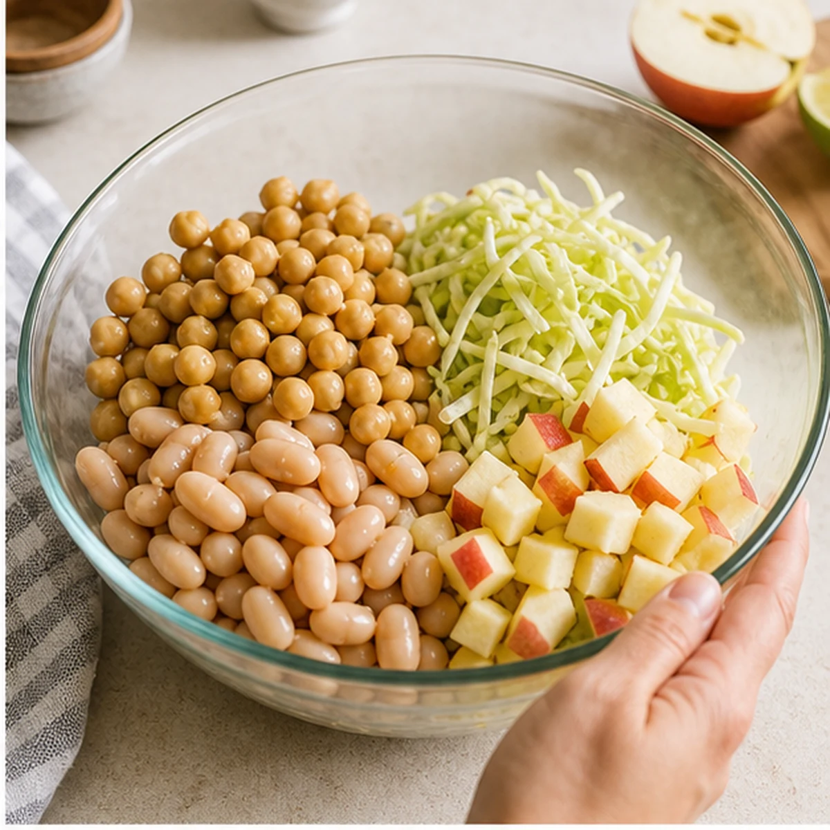 Add the pantry ingredients for 10-Minute Fibermaxxing Pantry Bowl, showing the ingredients and preparation at this stage