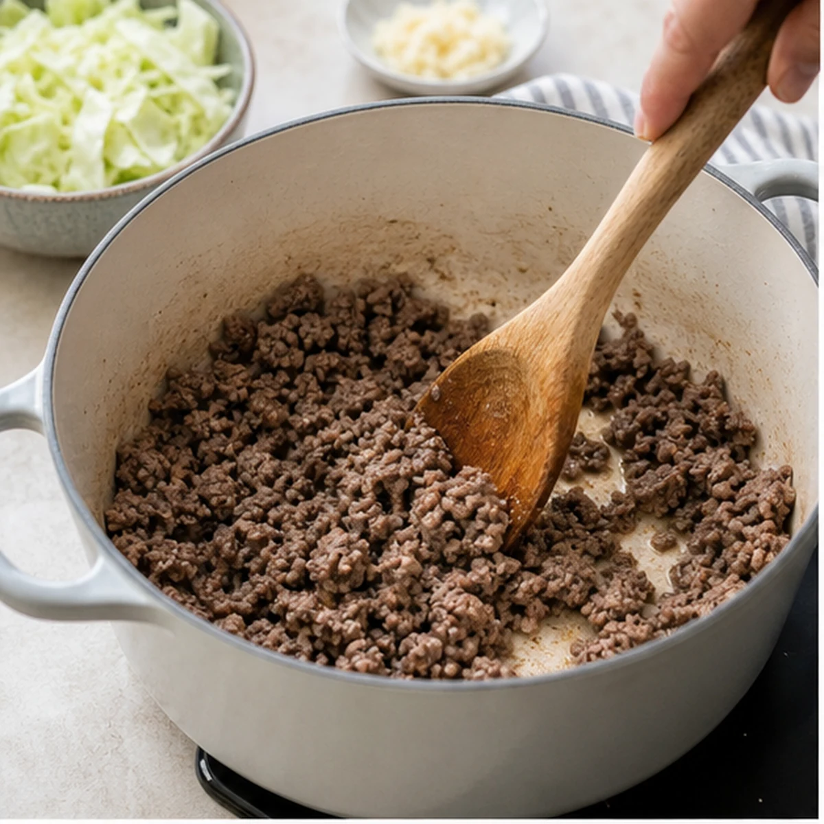 Brown the meat for Golumpki Soup, showing the ingredients and preparation at this stage