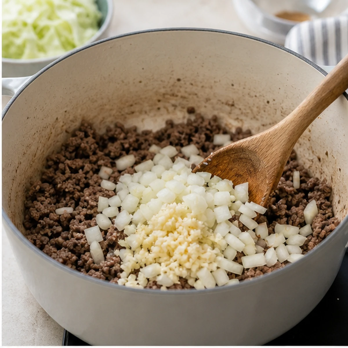 Add aromatics for Golumpki Soup, showing the ingredients and preparation at this stage