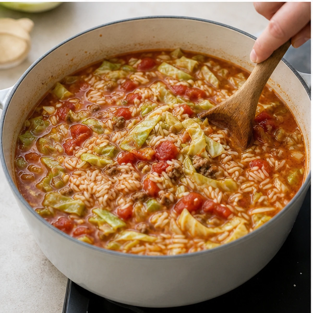 Simmer for Golumpki Soup, showing the ingredients and preparation at this stage