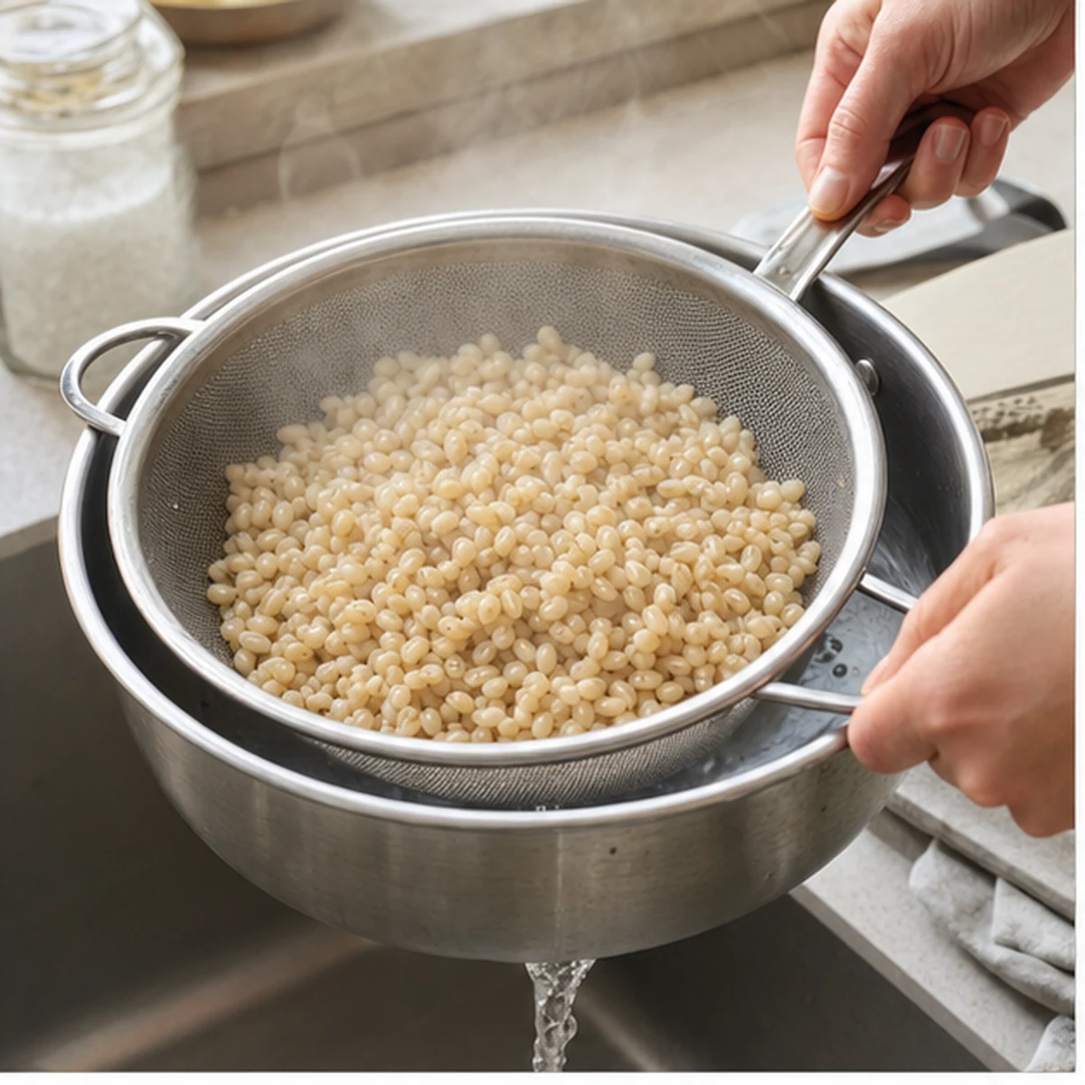 Cook the barley for Harissa Chickpea Grain Bowl, showing the ingredients and preparation at this stage