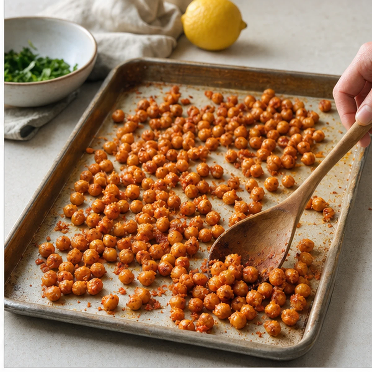Roast the chickpeas for Harissa Chickpea Grain Bowl, showing the ingredients and preparation at this stage