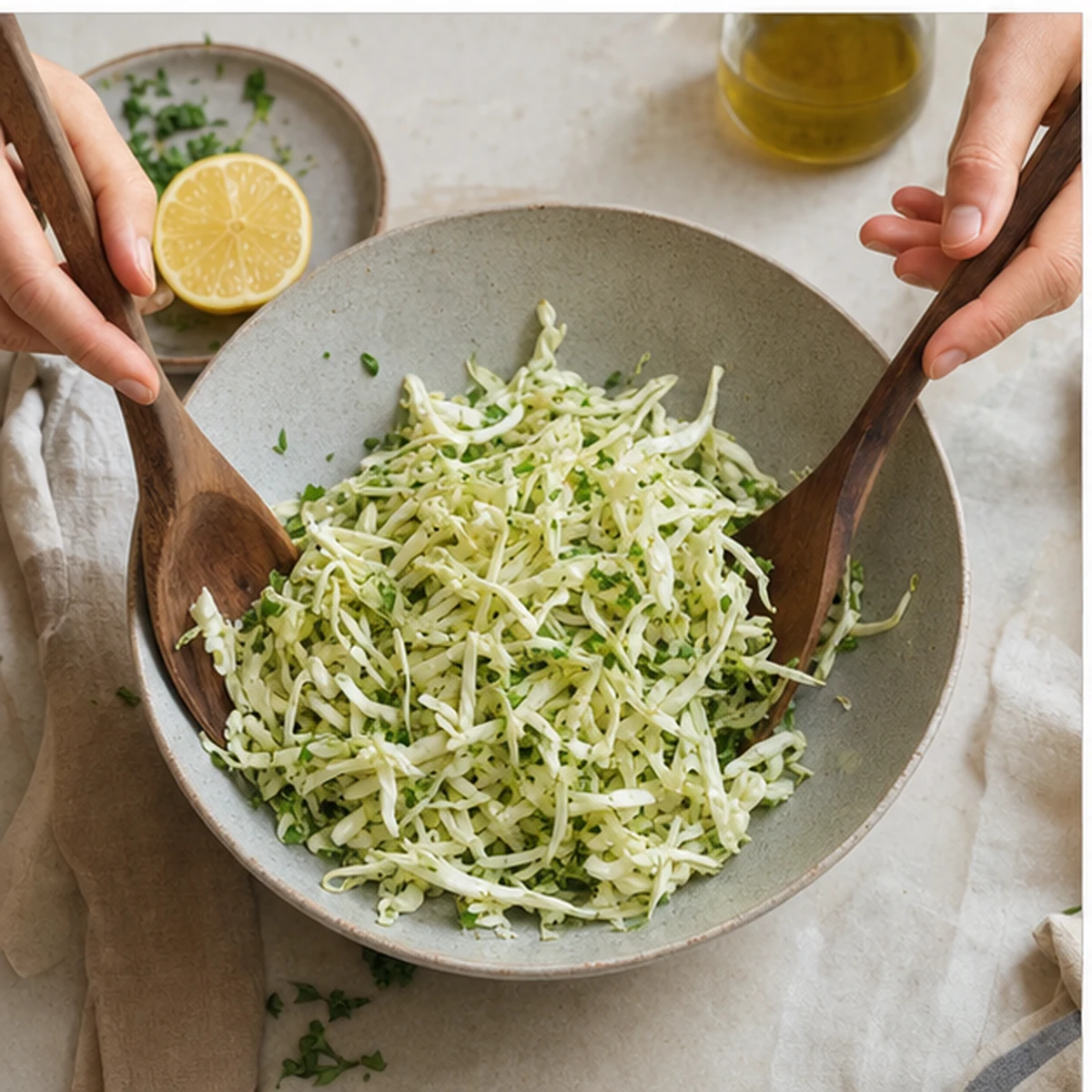 Make the slaw for Harissa Chickpea Grain Bowl, showing the ingredients and preparation at this stage