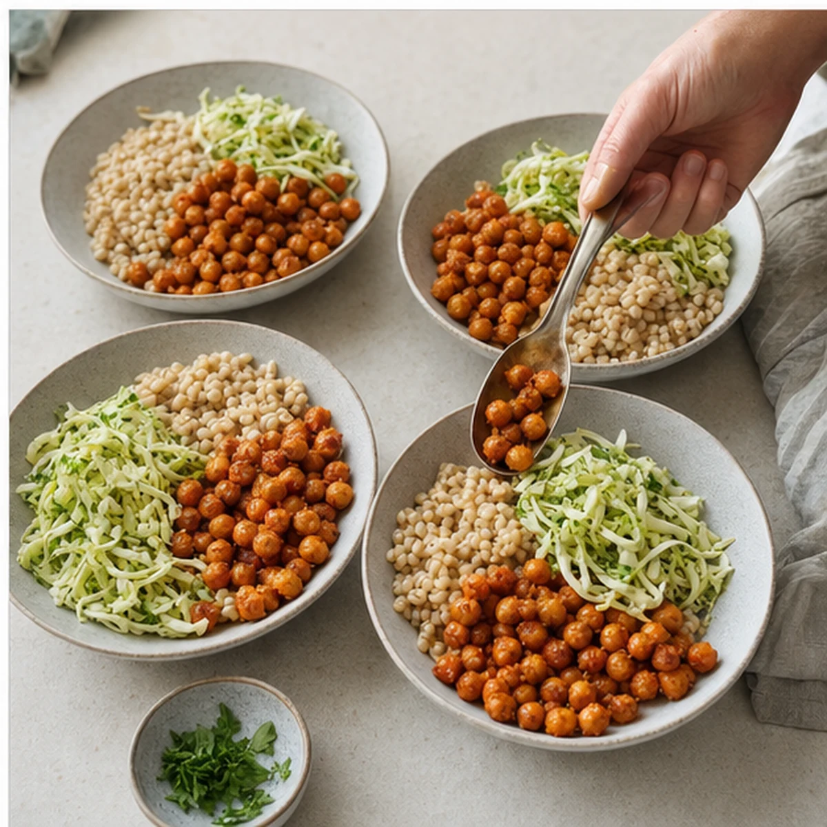 Build the bowls for Harissa Chickpea Grain Bowl, showing the ingredients and preparation at this stage