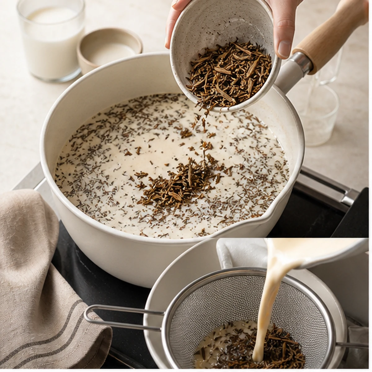 Infuse for Hojicha Ice Cream, showing the ingredients and preparation at this stage