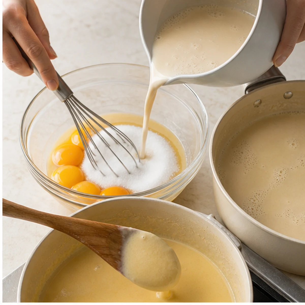 Make the custard for Hojicha Ice Cream, showing the ingredients and preparation at this stage