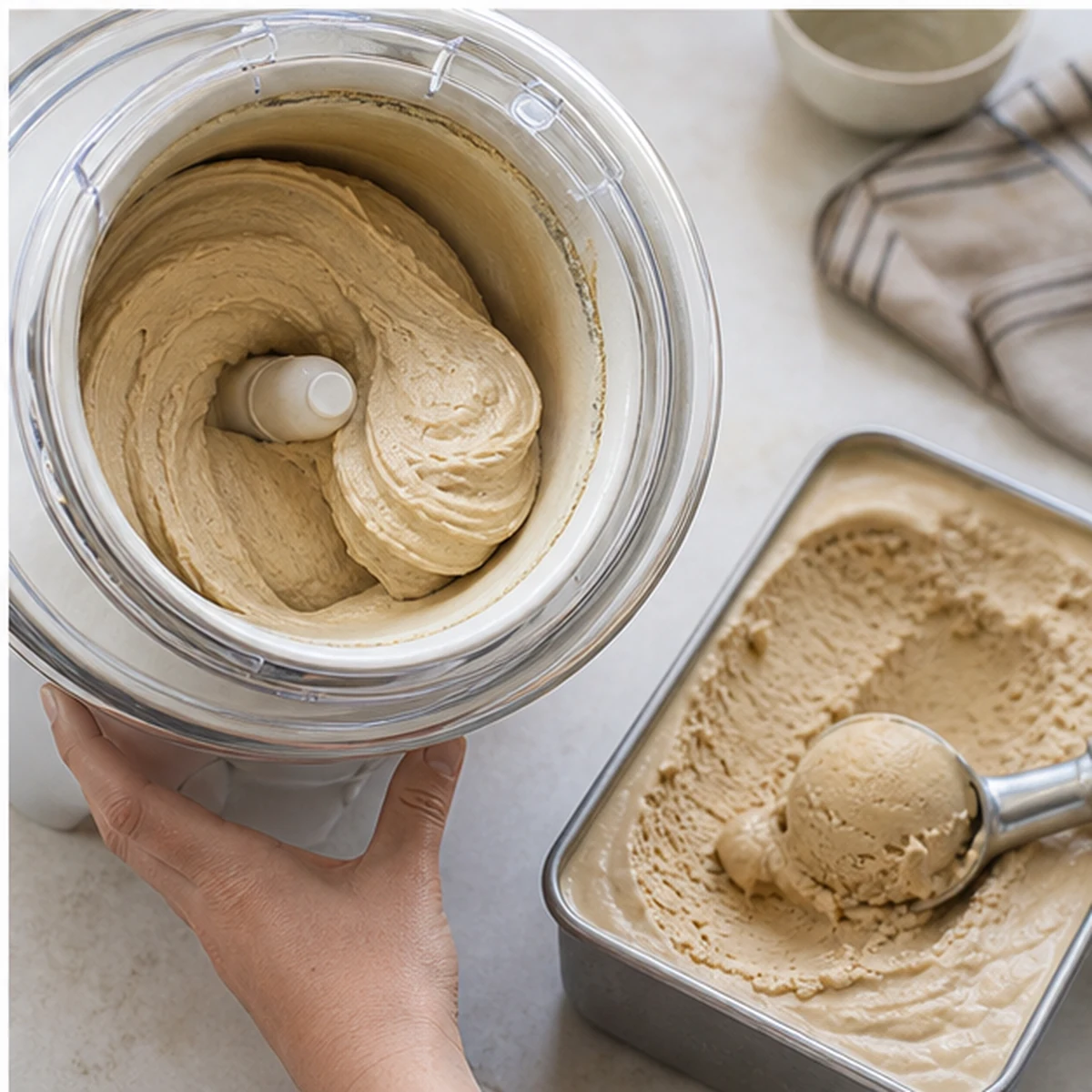 Churn for Hojicha Ice Cream, showing the ingredients and preparation at this stage