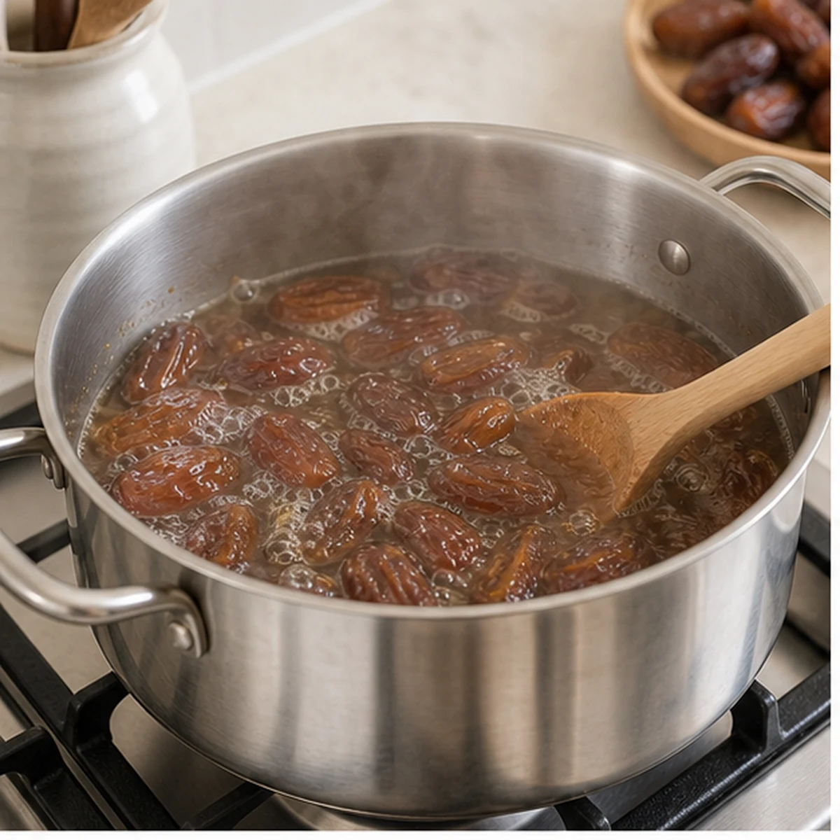 Simmer for Homemade Date Syrup, showing the ingredients and preparation at this stage