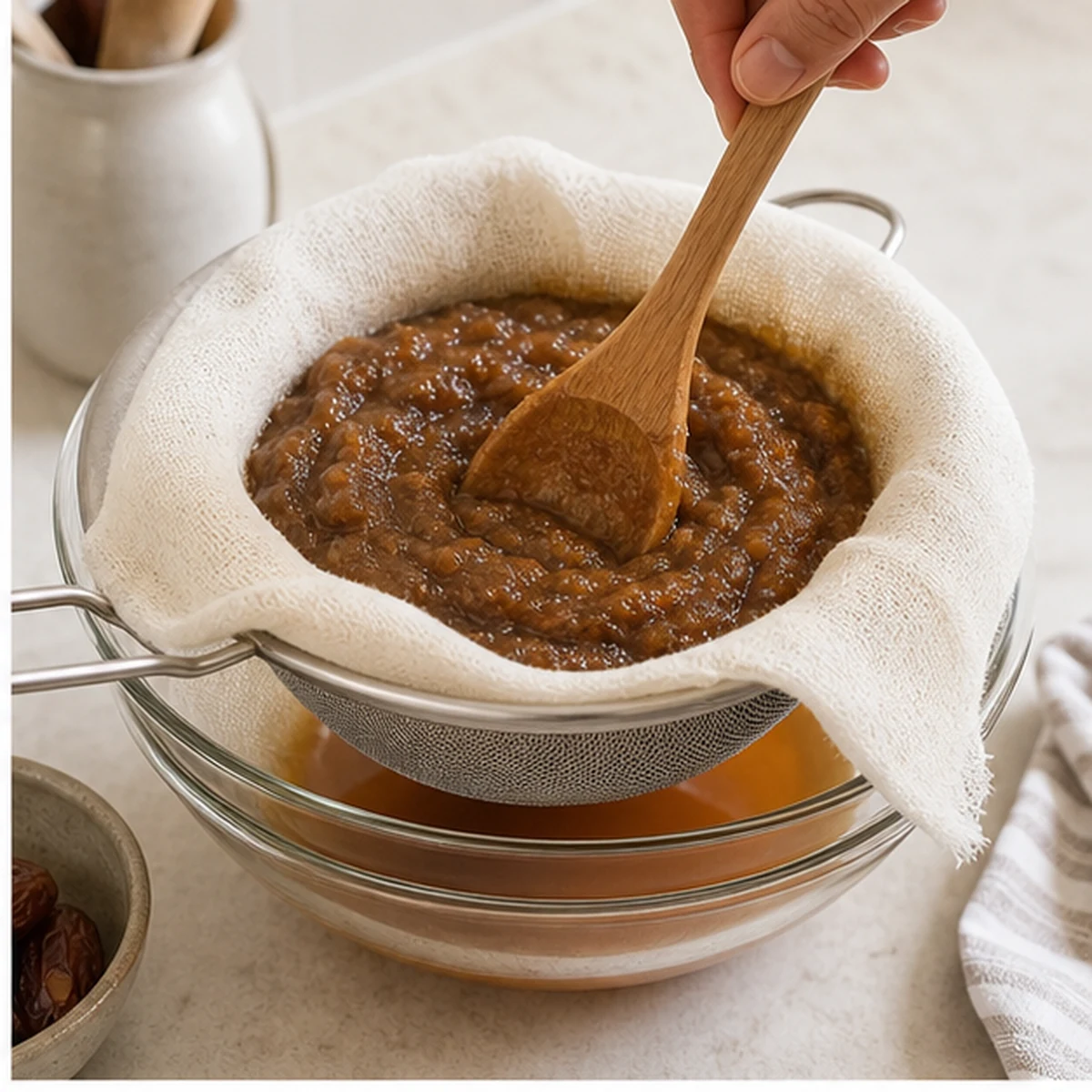 Mash and strain for Homemade Date Syrup, showing the ingredients and preparation at this stage