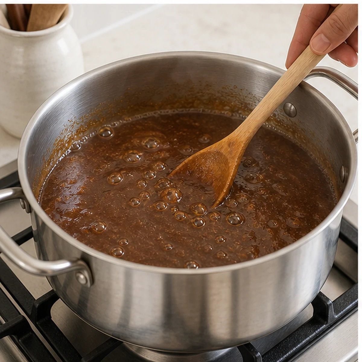 Reduce for Homemade Date Syrup, showing the ingredients and preparation at this stage