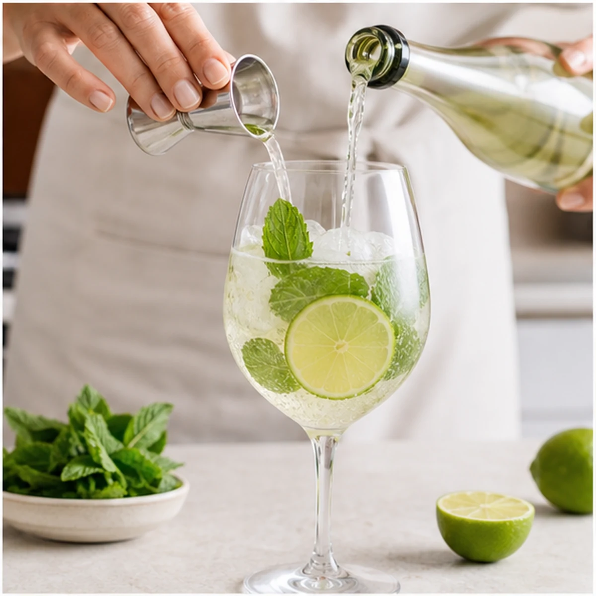 Pour for Hugo Spritz, showing the ingredients and preparation at this stage