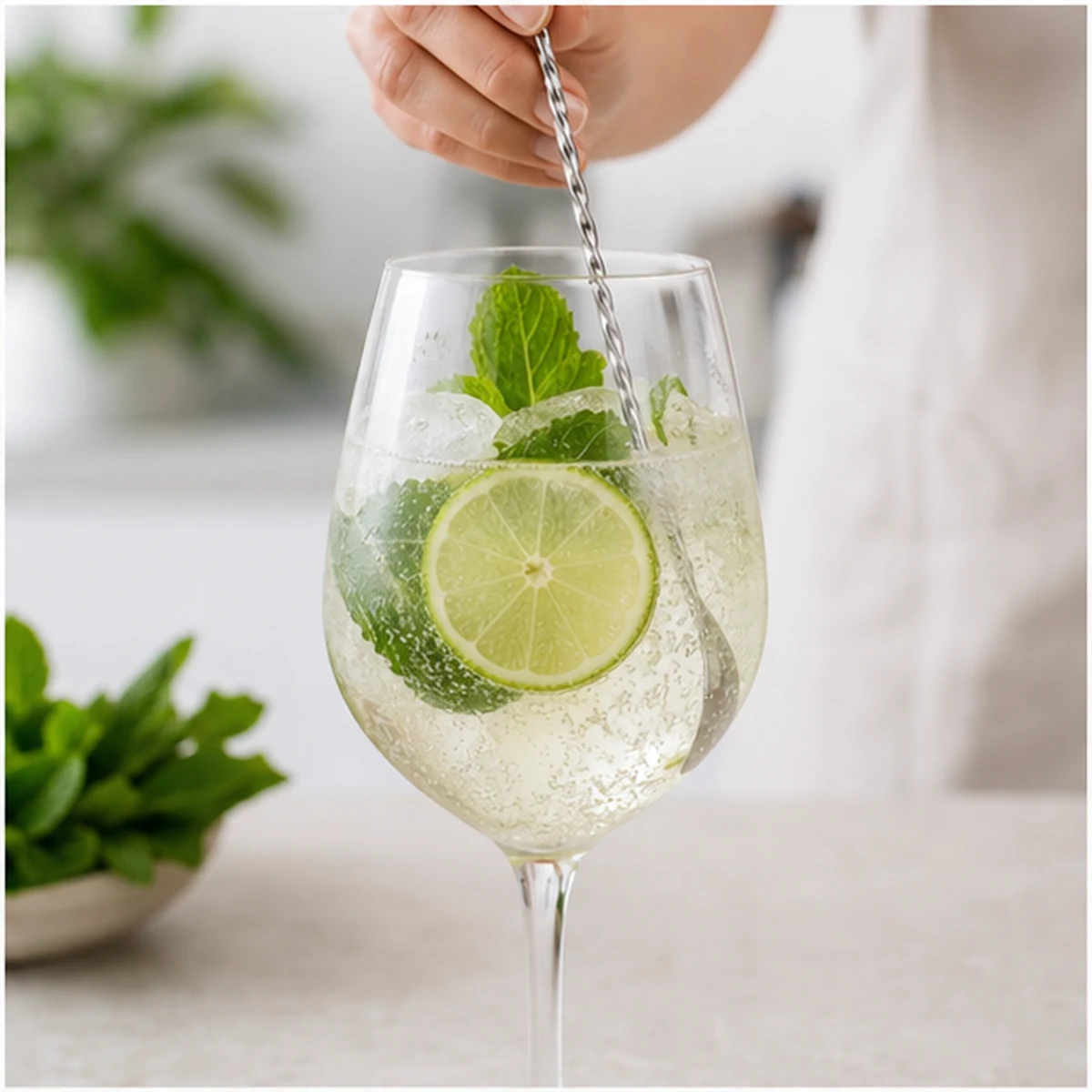Stir for Hugo Spritz, showing the ingredients and preparation at this stage