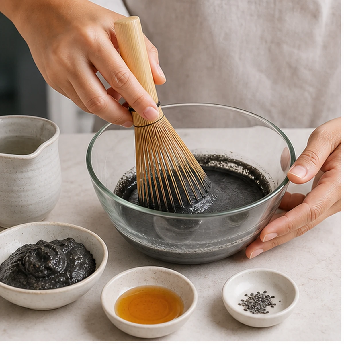 Loosen the paste for Iced Black Sesame Latte, showing the ingredients and preparation at this stage