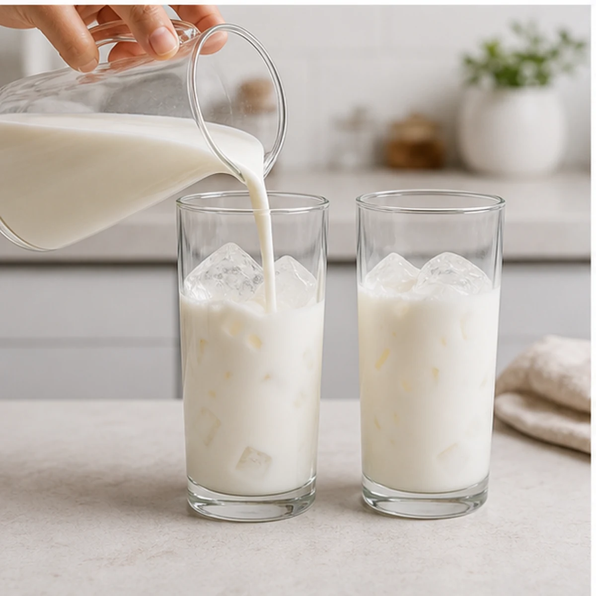 Add milk for Iced Black Sesame Latte, showing the ingredients and preparation at this stage