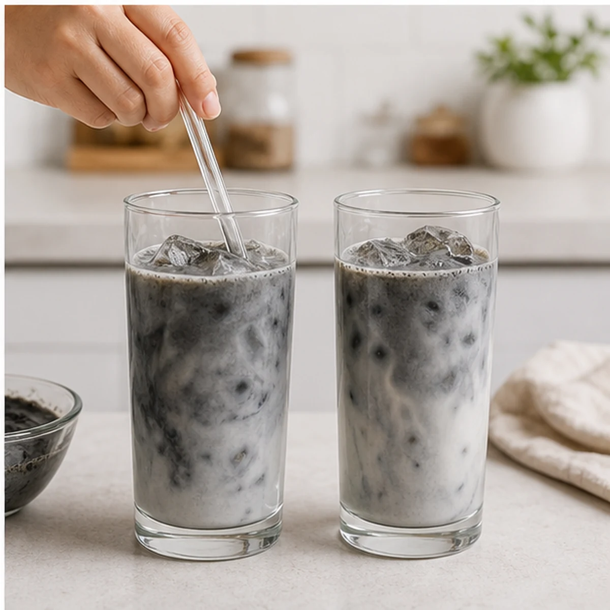 Finish for Iced Black Sesame Latte, showing the ingredients and preparation at this stage
